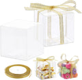 60 Pack Clear Favor Boxes, 2x2x2 Inch Candy Boxes with Ribbons, Small Candy Containers Plastic Gift Box for Macaron