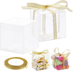 60 Pack Clear Favor Boxes, 2x2x2 Inch Candy Boxes with Ribbons, Small Candy Containers Plastic Gift Box for Macaron