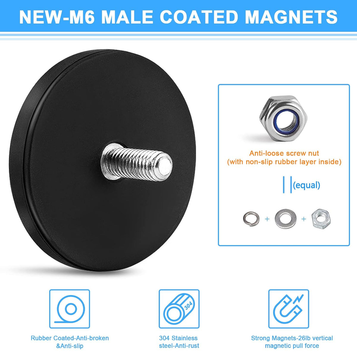 Learay Rubber Coated Magnets, 31 LBS Neodymium Magnet Base, 6 Pack