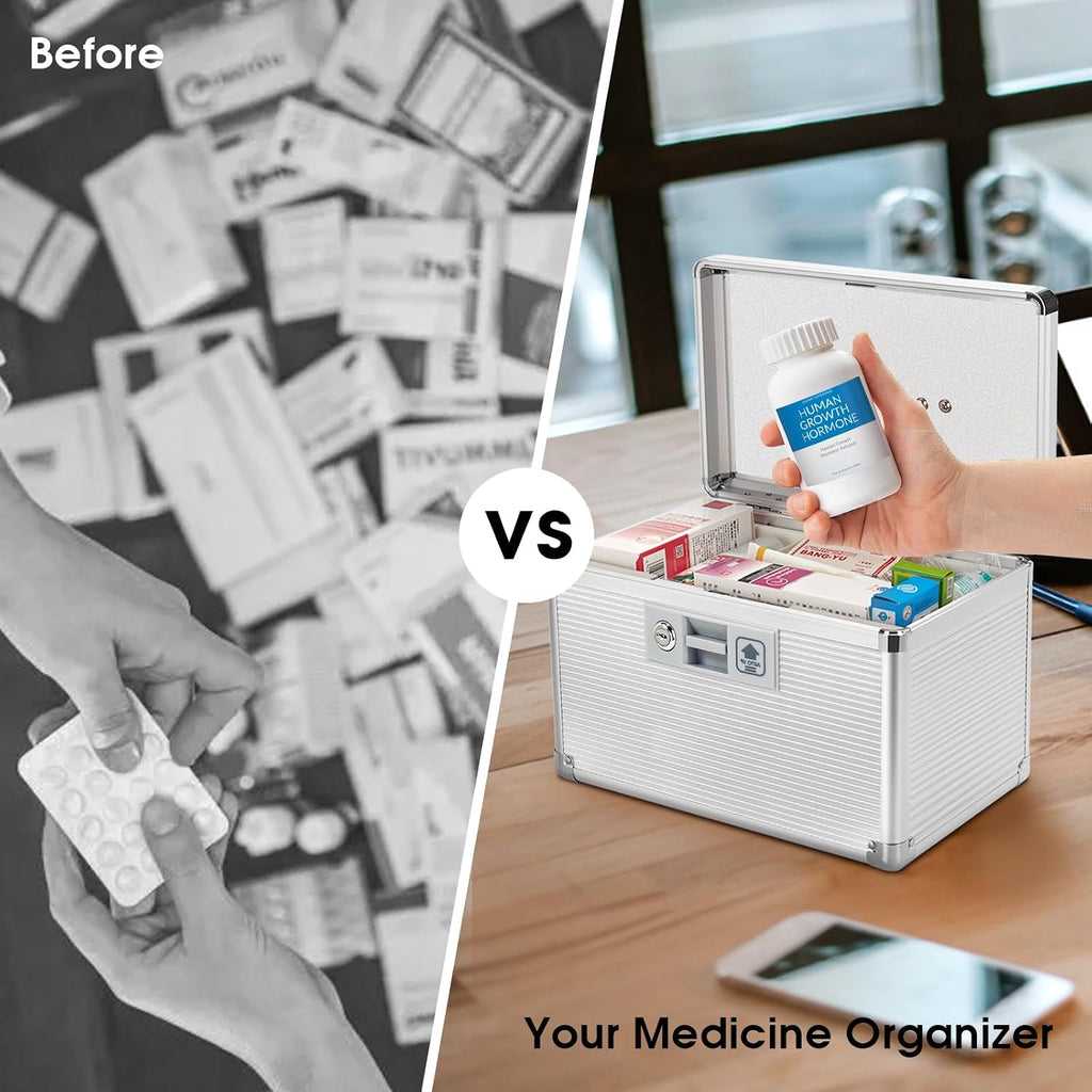 Medicine Lock Box with Key, Alluminum Alloy Box for Medication,First Aid Box with a Removeable Tray to Store