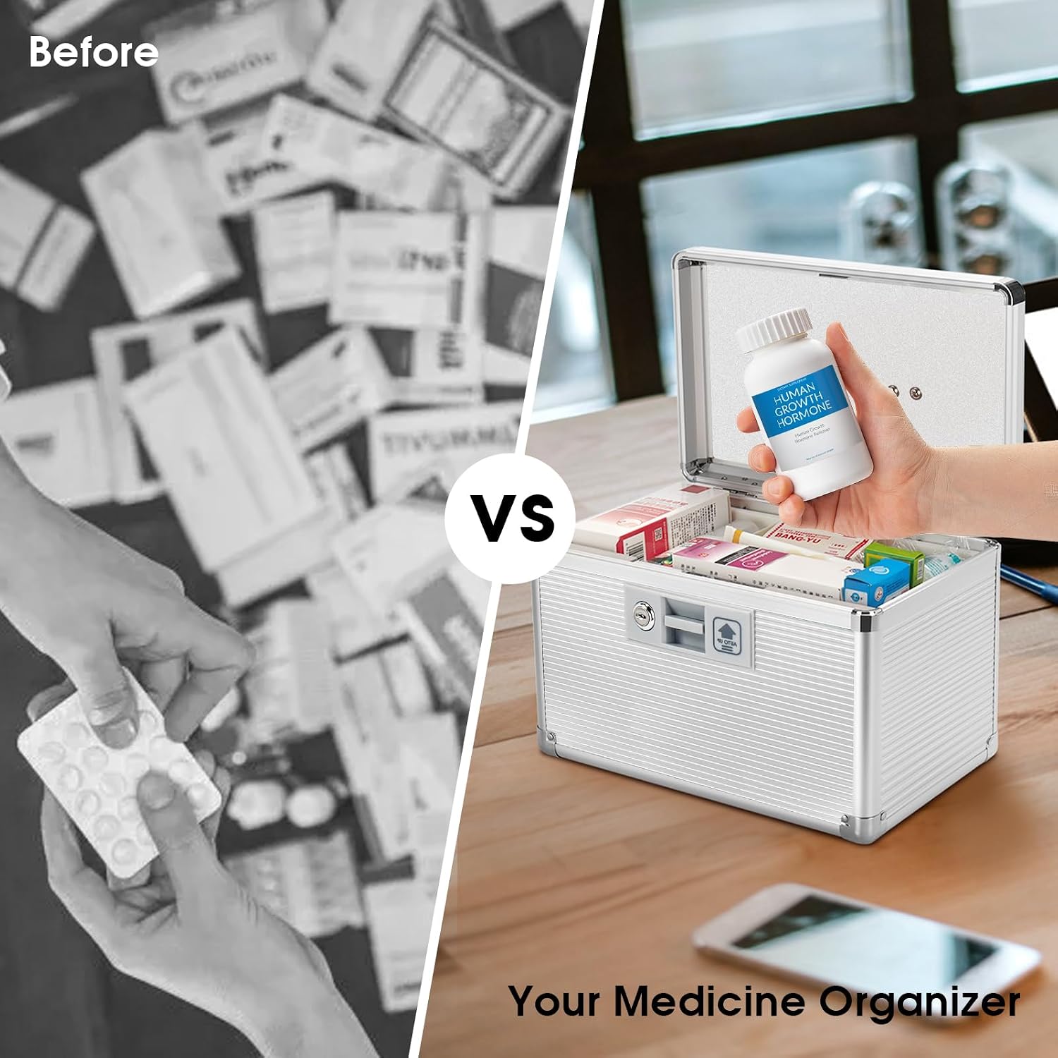 Medicine Lock Box with Key, Alluminum Alloy Box for Medication,First Aid Box with a Removeable Tray to Store