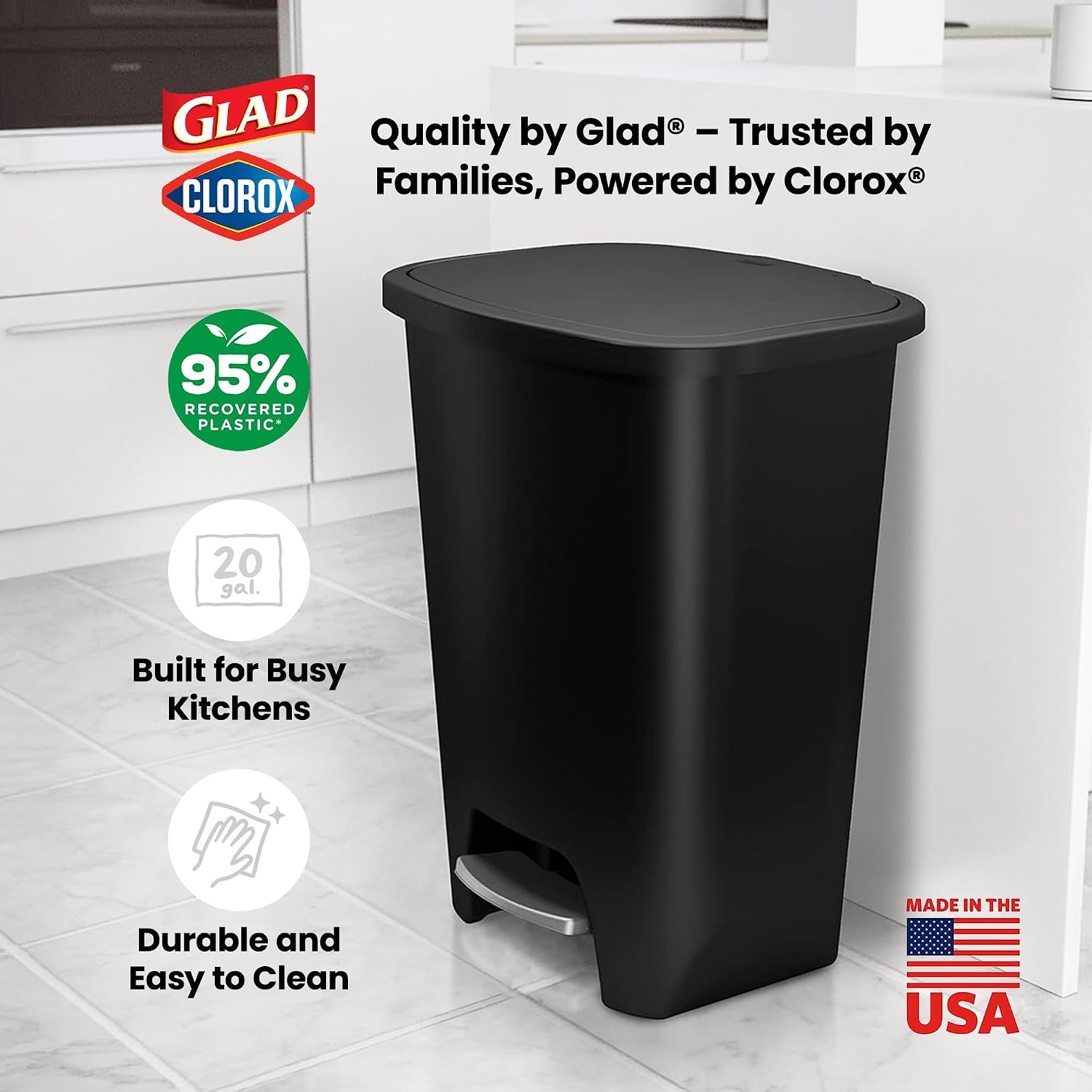 20 Gallon Trash Can with Clorox Odor Protection | Plastic Kitchen Waste Bin | Hands Free with Step On Foot Pedal and