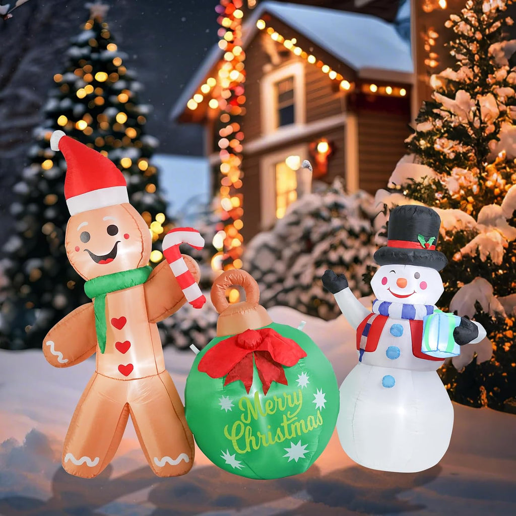 6.2 FT Christmas Inflatable Outdoor Gingerbread Man with Snowman | Built-in Bright LED Light, Christmas Blow