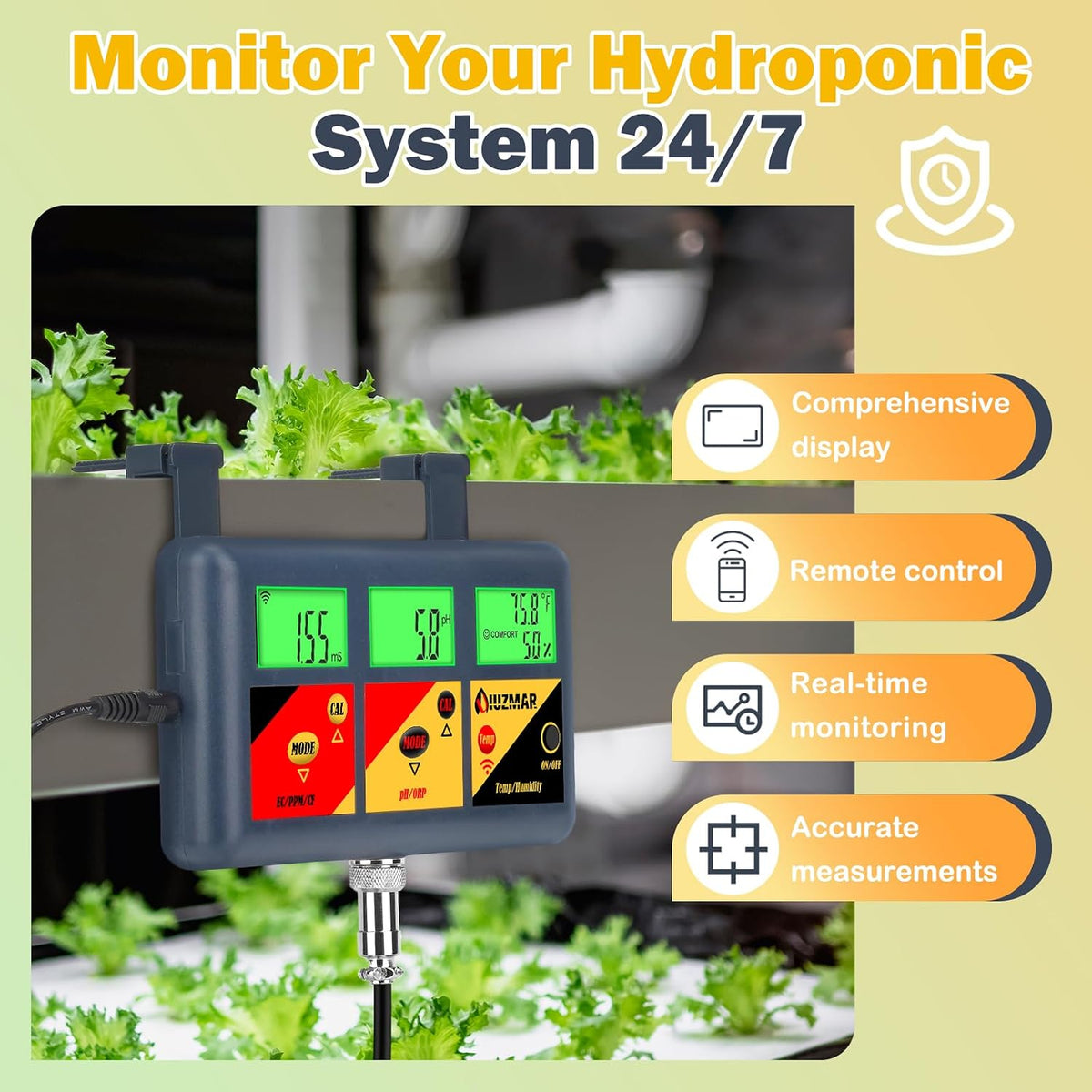 UIUZMAR pH EC Meter for Hydroponics 7 in 1 pH EC PPM CF ORP Temp Humidity