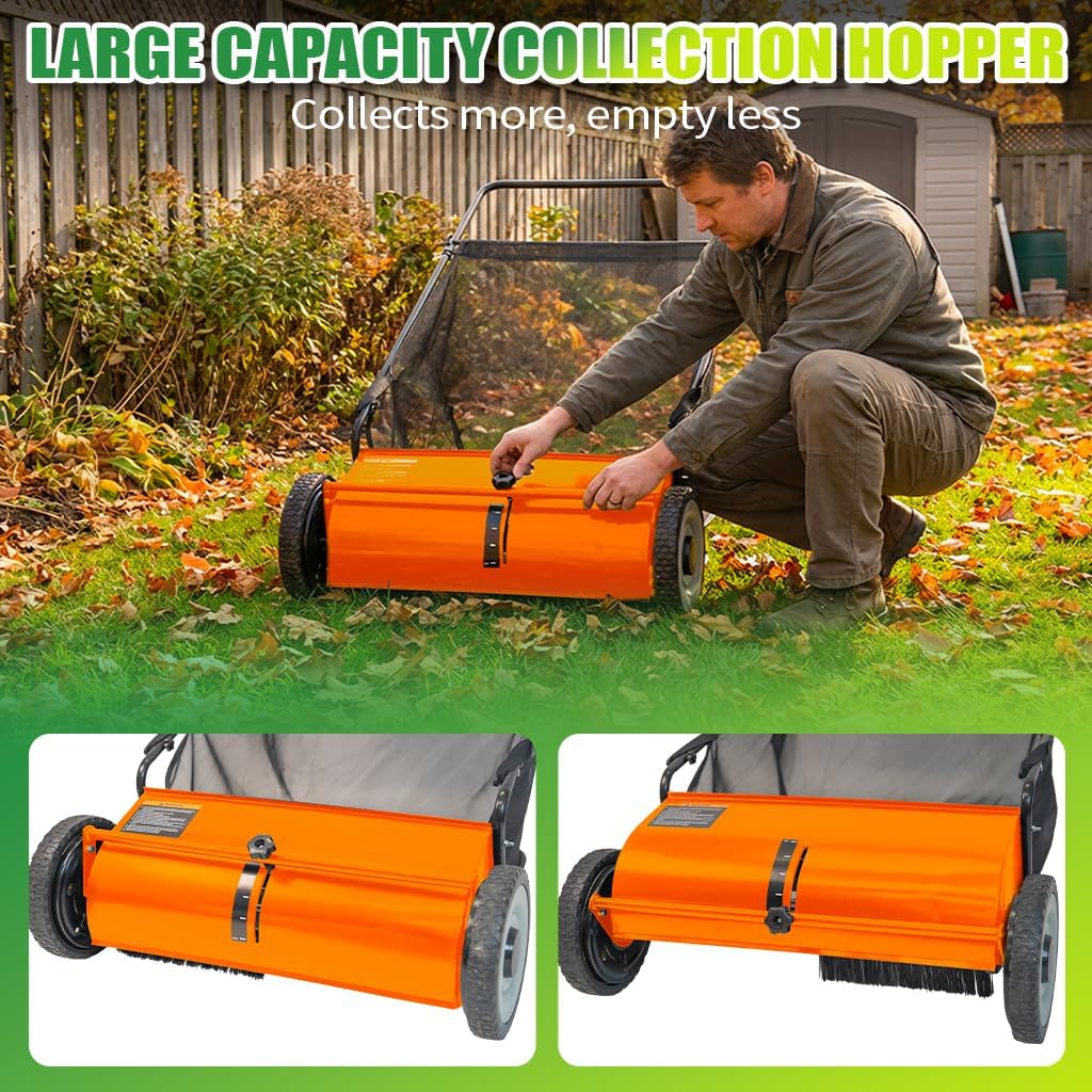 26" Push Lawn Sweeper, 7 cu.ft Large Capacity Yard Sweeper Push, 5:1 High-Density 4 Brushes, Adjustable Height, Heavy