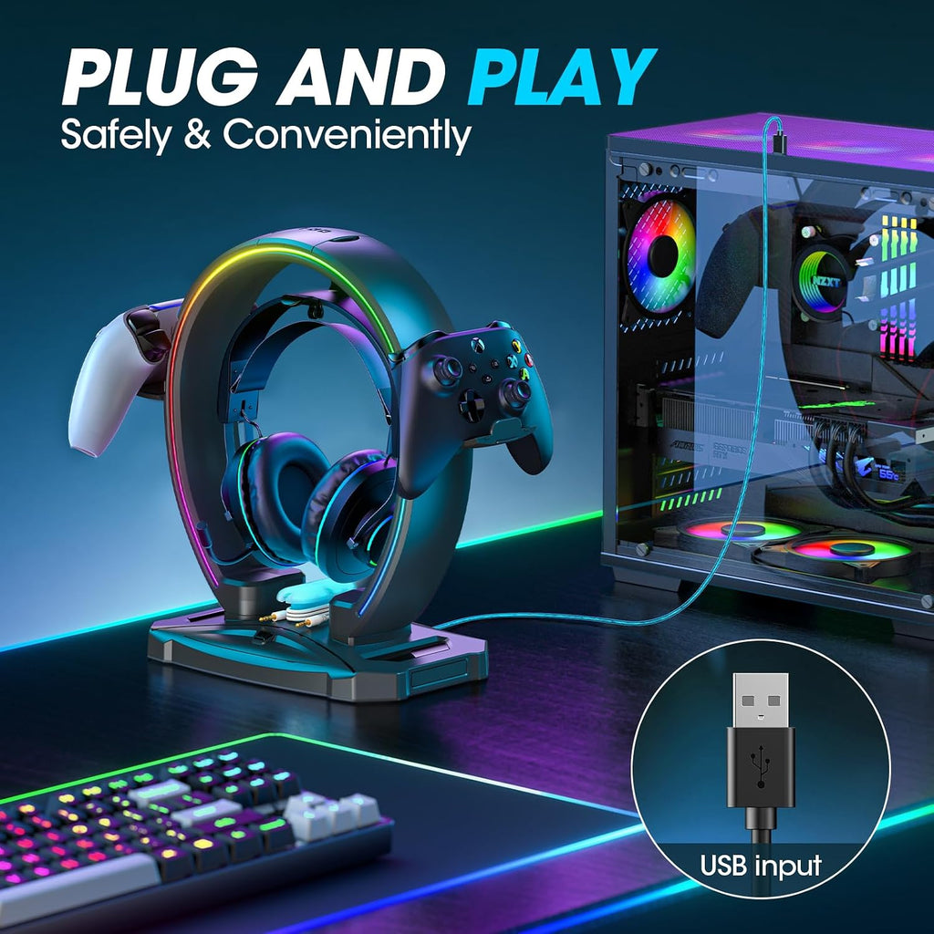 RGB Headphone & Controller Stand with 9 Light Modes - Foldable Controller Hanger for Desk - Earphone Stand with Cable