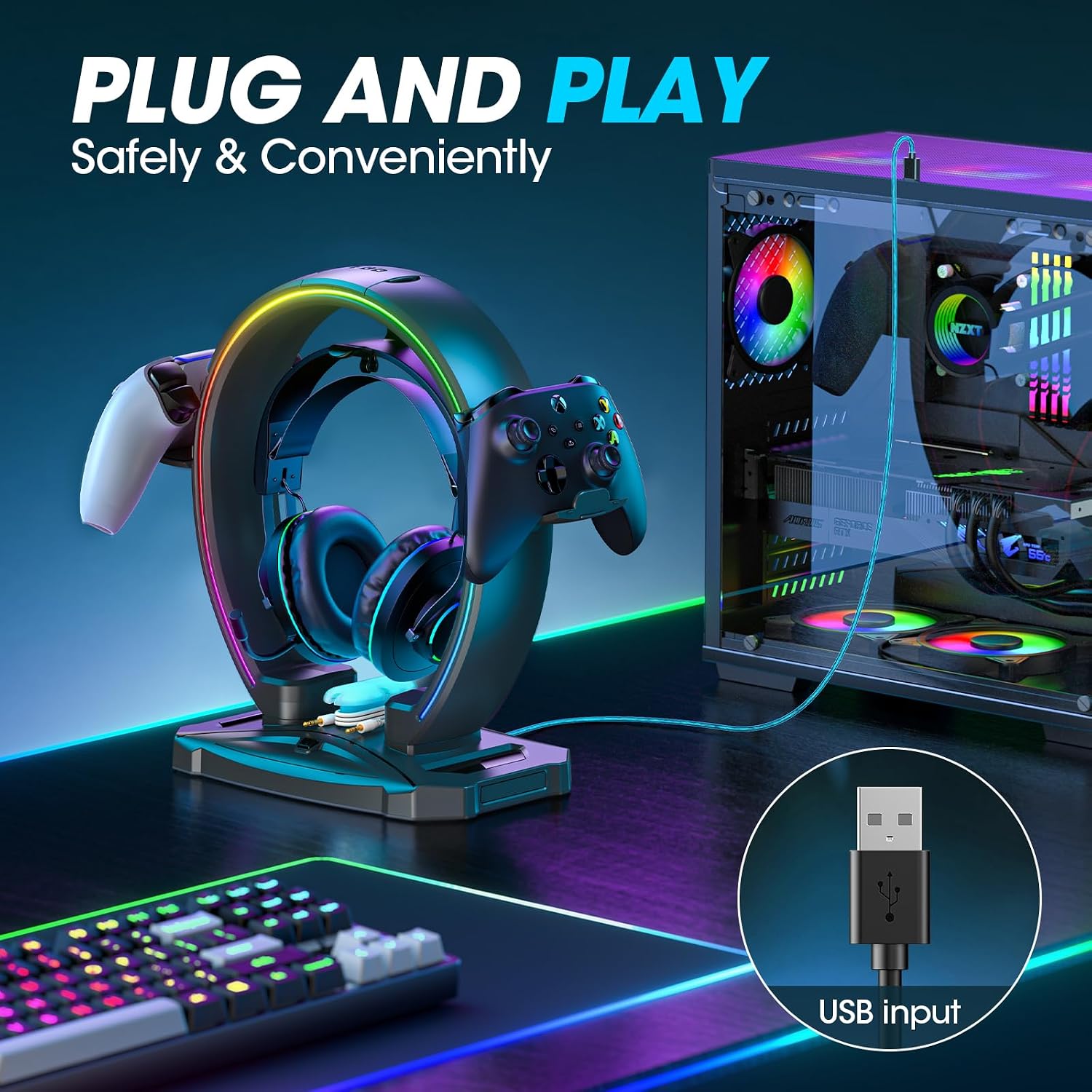 RGB Headphone & Controller Stand with 9 Light Modes - Foldable Controller Hanger for Desk - Earphone Stand with Cable