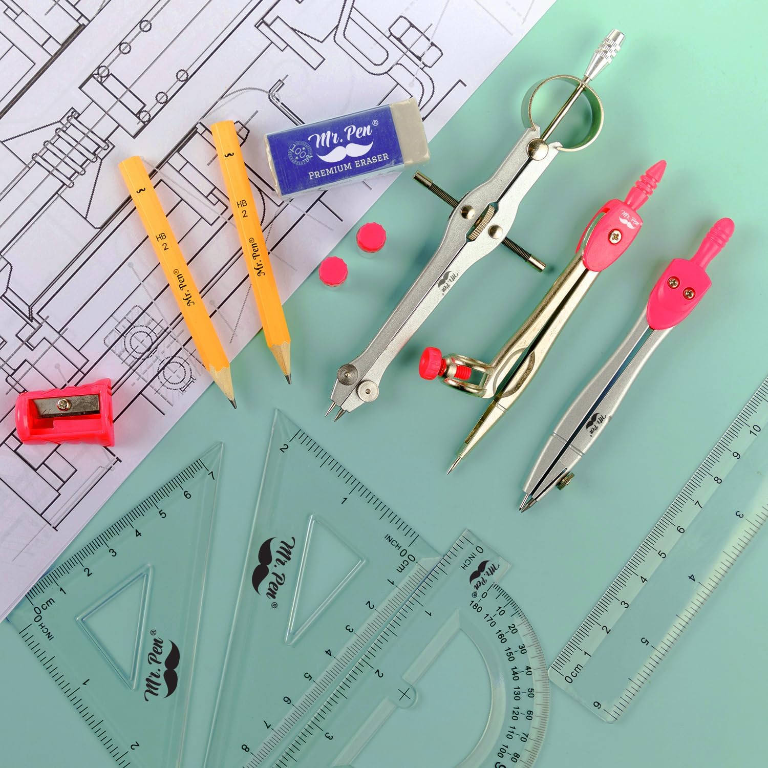 Geometry Set, 13 pcs, 3 Metal Compasses, Protractor, 6" Ruler | 45° & 30°/60° Set Squares, Pencils, Lead Refills