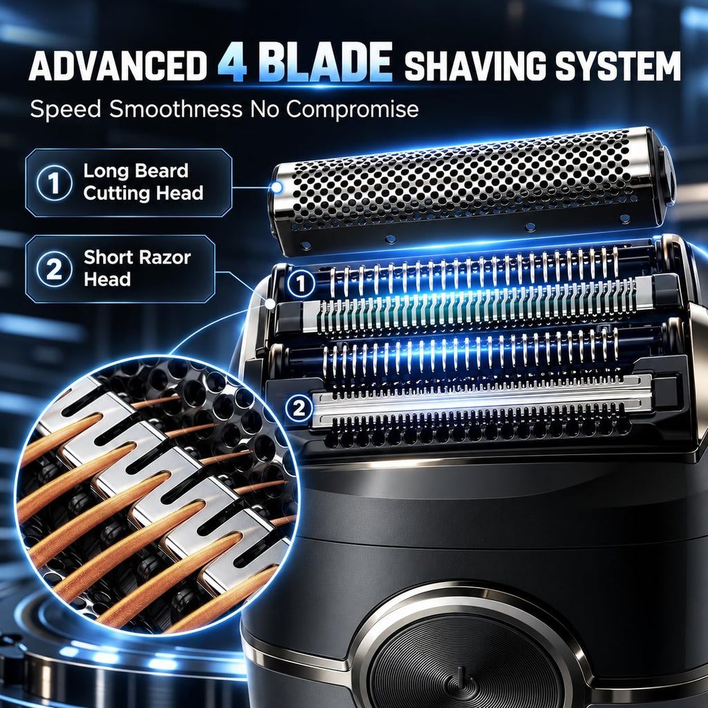 Electric Foil Shavers for Men: 4 Floating Blades & Big LED Display - Grey