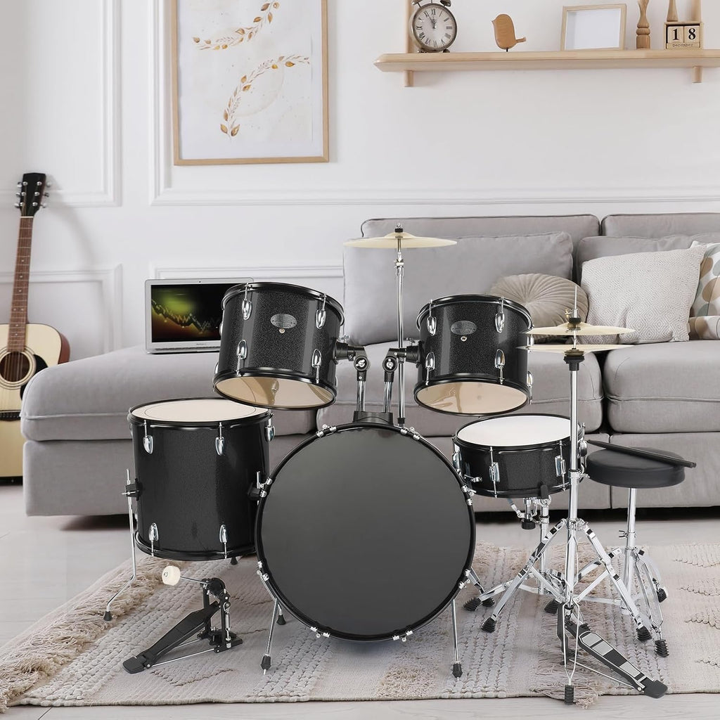 22 Inch Complete Adult Drum Set, 5-Piece, Black | Beginner Drums Kit, with Cymbal Stands, Hi-hat Stand, Sticks, Drum