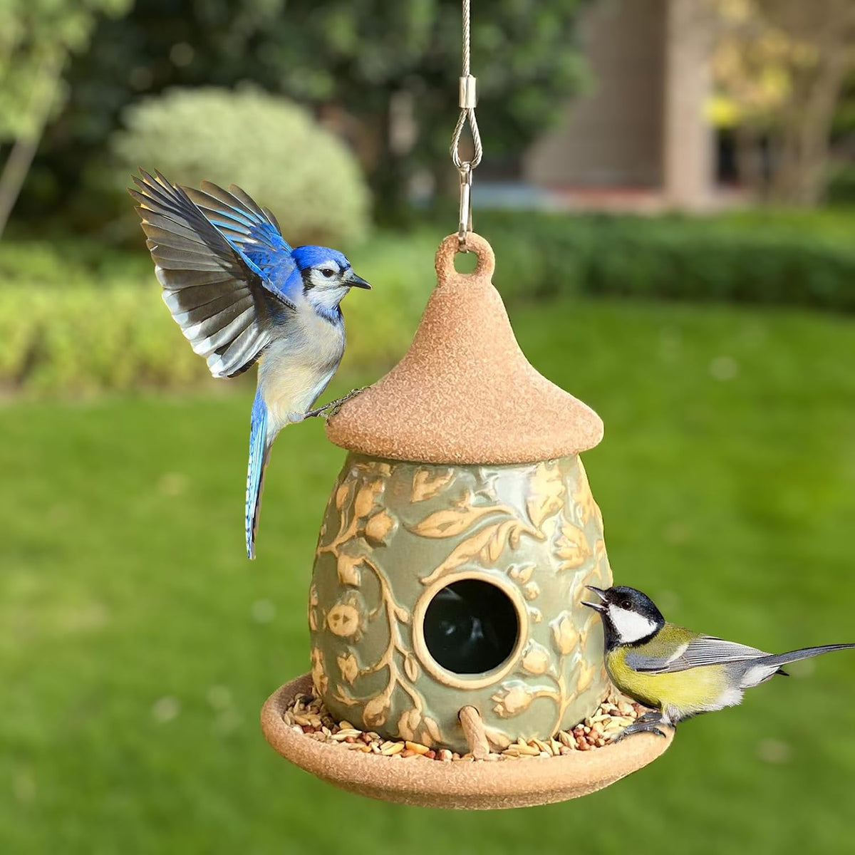 Hanging Bird Houses Ceramic Bird House Feeder with Wooden Pole for Outside Hummingbirds Cardinal Bluebird Nest