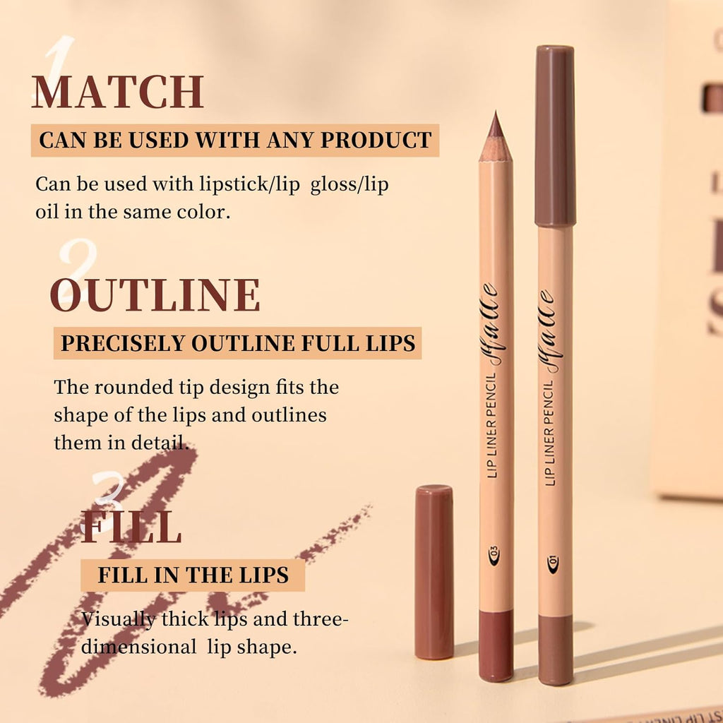 Matte Lip Liner Set, 12 Colors Brown Tone Natural Lip Makeup, Ultra Fine Lip Liner & Eyeliner Set, Creamy, Long