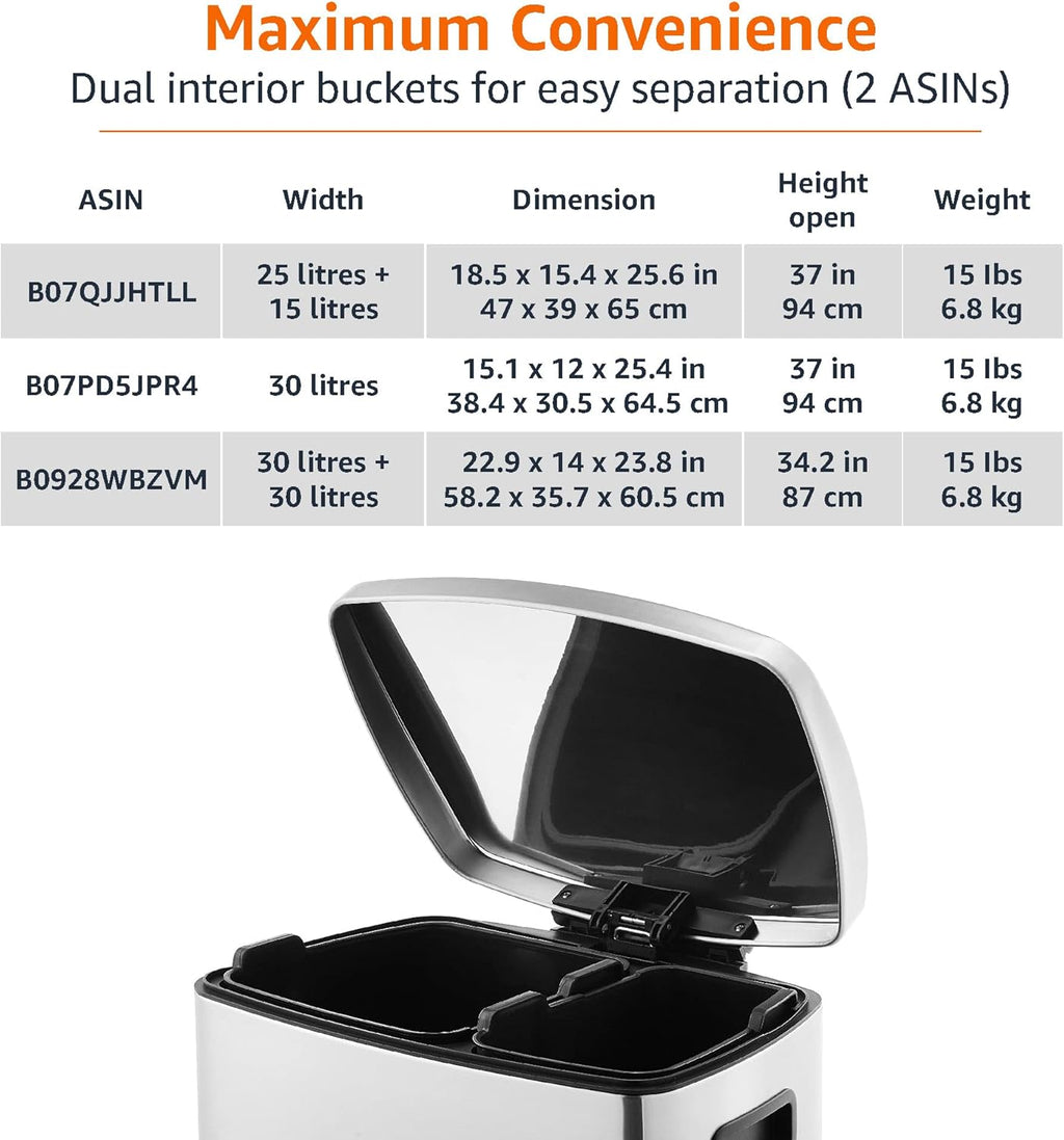 Dual Compartment Recycling Trash Can with Soft-Close Lid, Fingerprint Resistant, Removable Liner Buckets, 60 Liters
