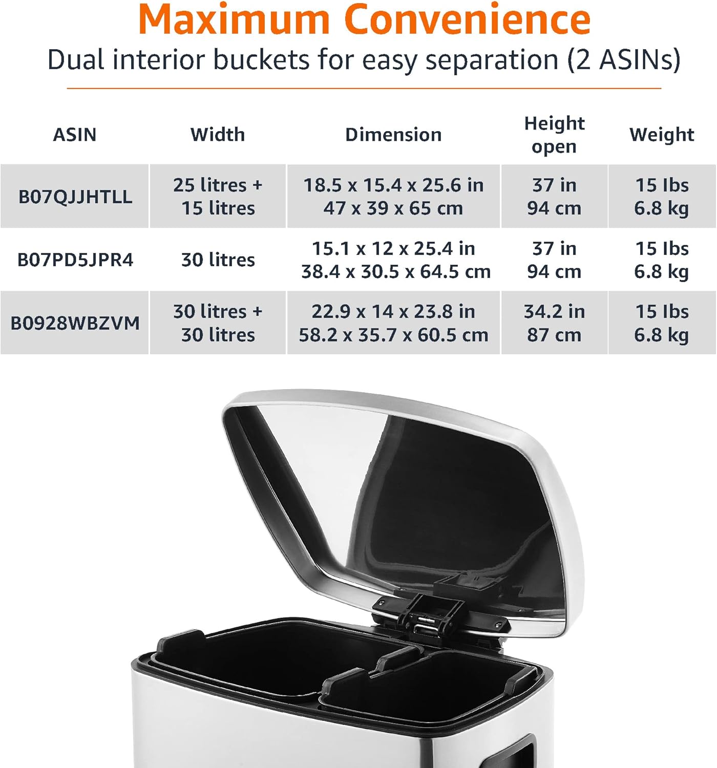 Dual Compartment Recycling Trash Can with Soft-Close Lid, Fingerprint Resistant, Removable Liner Buckets, 60 Liters