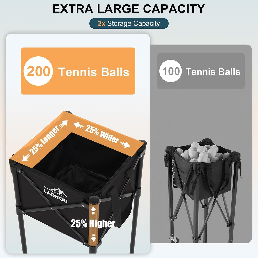 Extra Large Tennis Ball Hopper, Holds 200 Balls, Foldable Tennis Ball Basket with Wheels & Removable Bag, Lightweight
