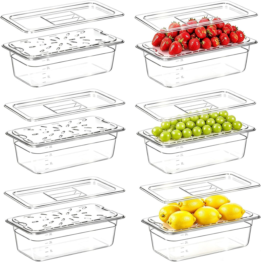 6 Set 1/3 Size Polycarbonate Food Pans with Lids Drain Shelf Clear