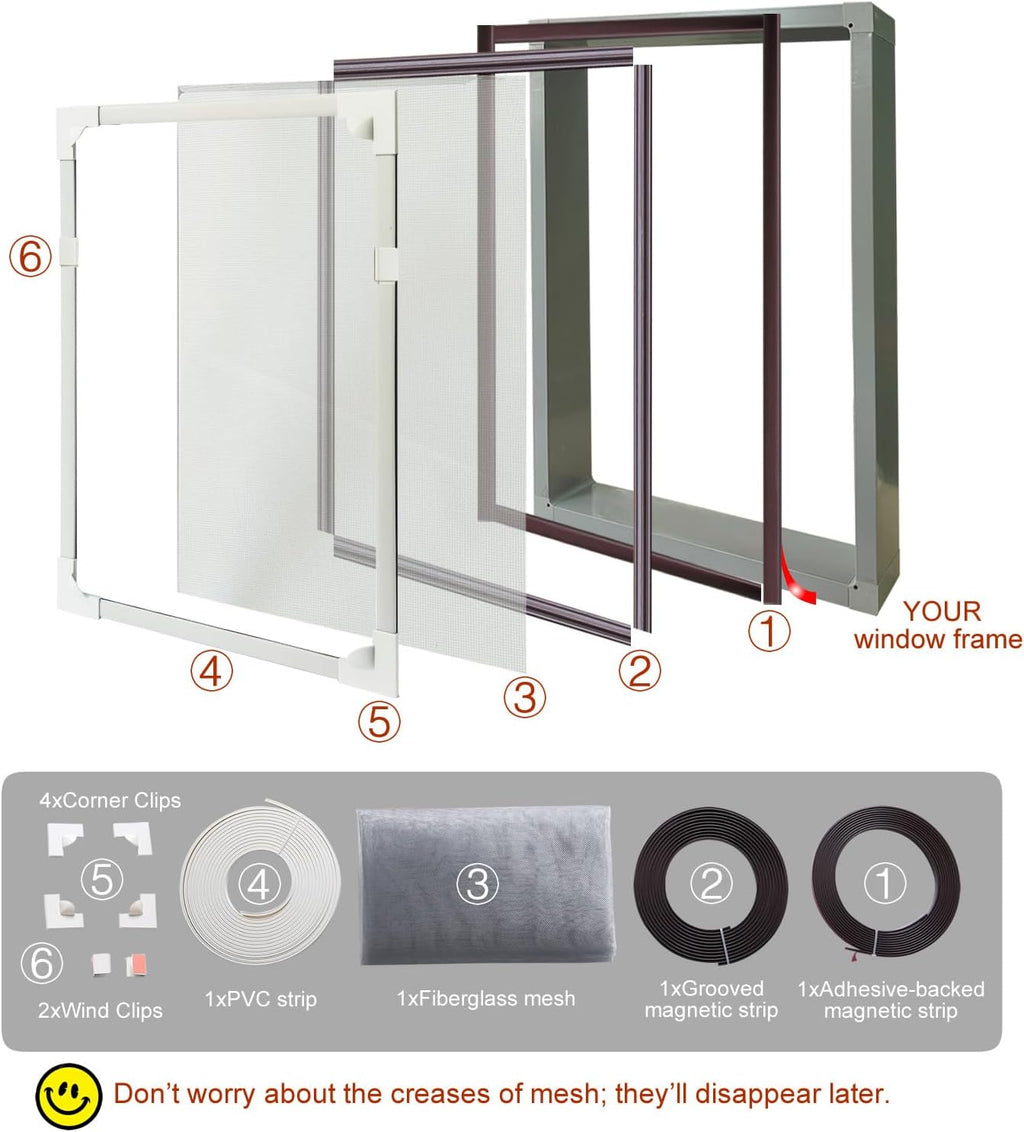Magnetic Window Screen DIY Adjustable Window Mesh Screen Replacement Window Net Fits up to 57"x 35" White Frames with