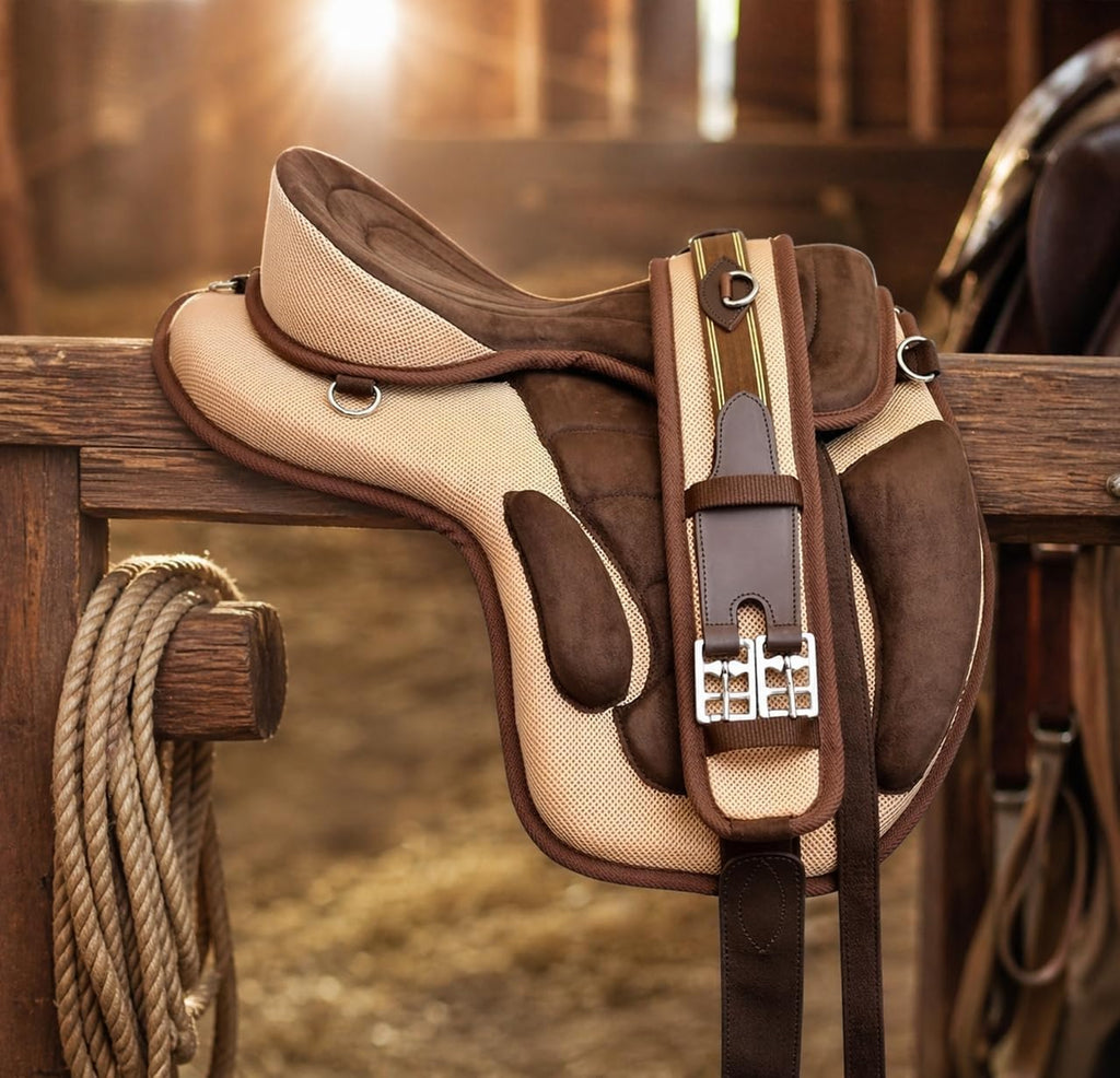 Synthetic Treeless English Horse Saddle with Adjustable Stirrup Leathers & Girth Straps (Free Halter) | Freemax
