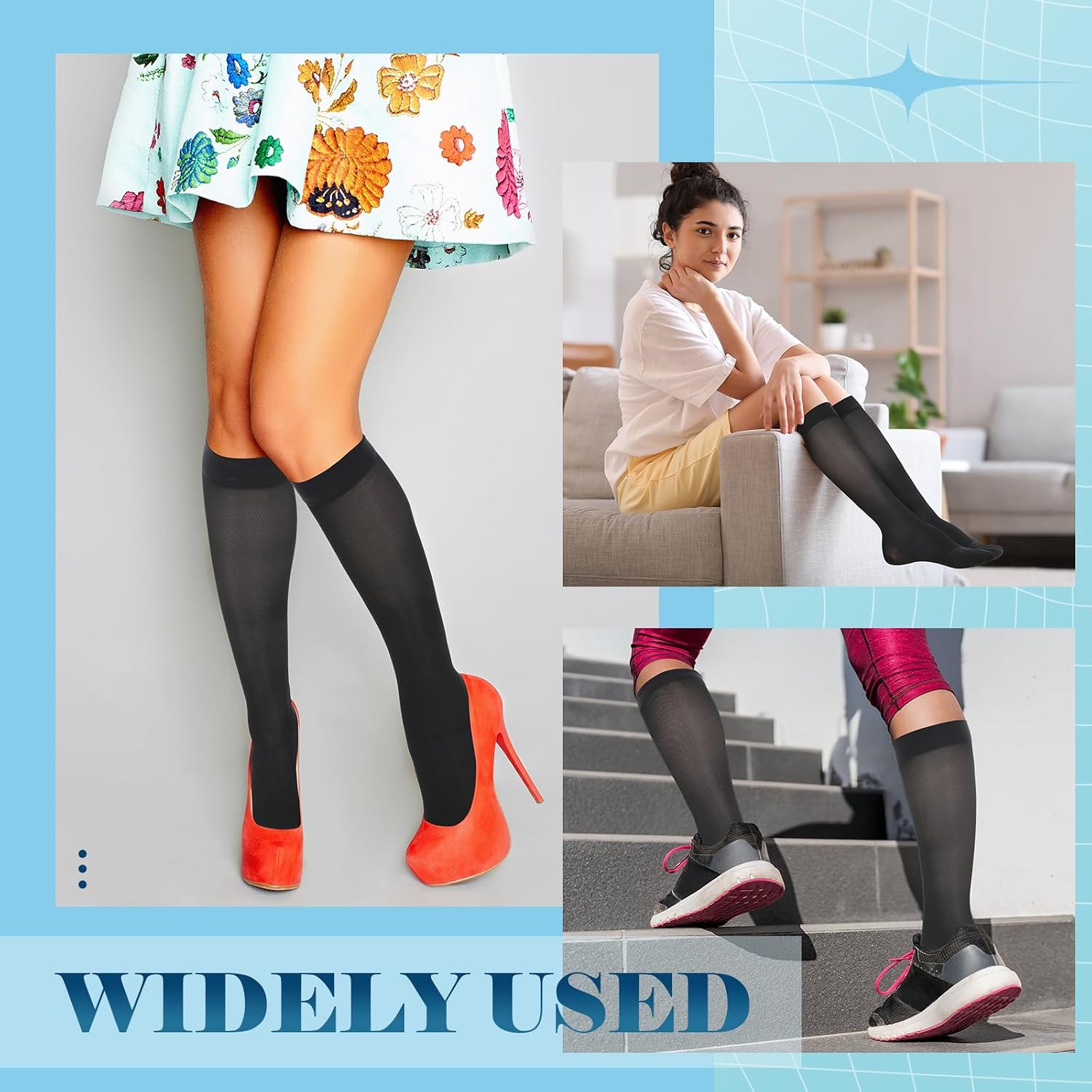 3 Pairs Sheer Compression Socks 20-30 Mmhg Knee High Compression Stockings Support Hose for Women
