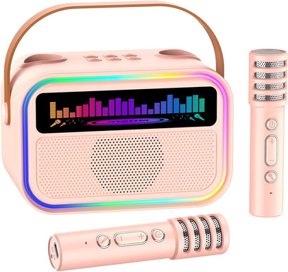 Kids Karaoke Machine, Bluetooth Speaker with 2 Wireless Microphones | for Girls Boys Ages 3-12, Mini Portable & LED