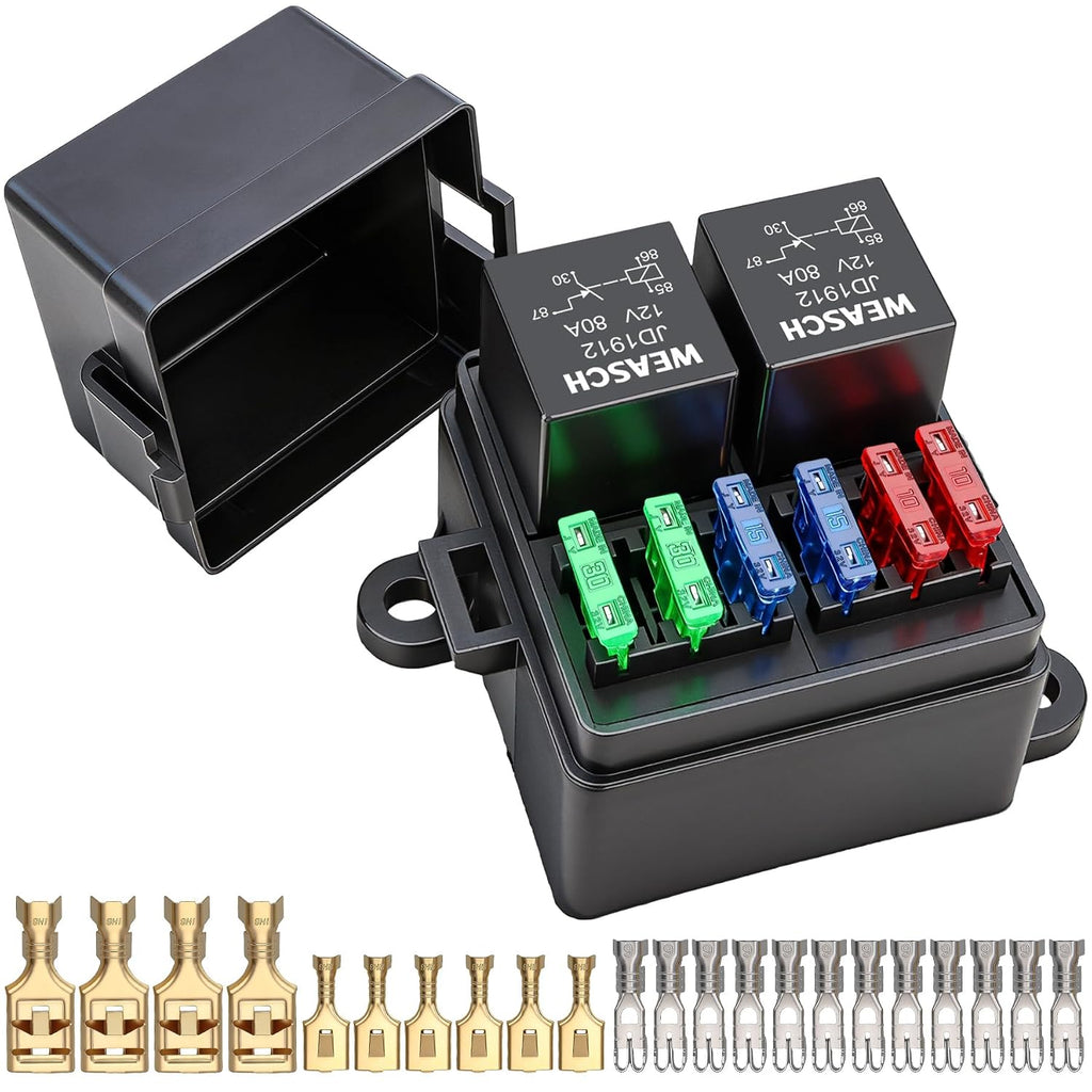 12V 6 Way Fuse Relay Box, 2 Relays and 6 ATC/ATO Blade Fuses, 4-Pin 80A Relay Block and Kit