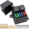 12V 6 Way Fuse Relay Box, 2 Relays and 6 ATC/ATO Blade Fuses, 4-Pin 80A Relay Block and Kit