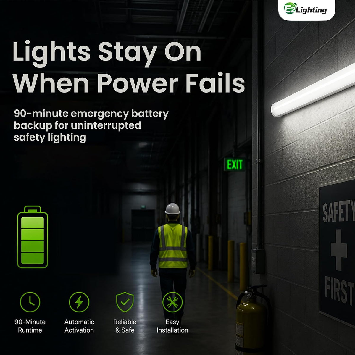 E2 LIGHTING 4ft LED Linear Shop Light, Emergency Battery Backup