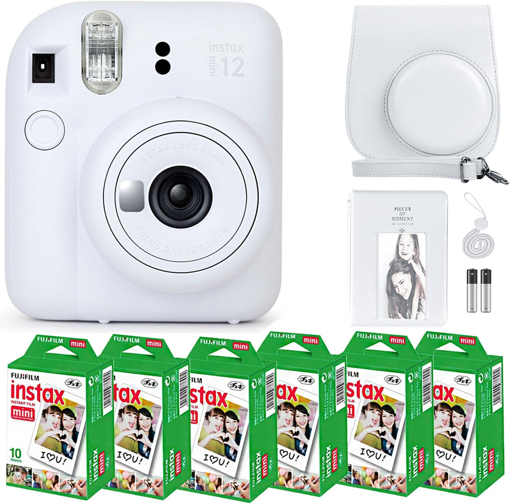Instax Mini 12 Instant Camera Clay White & 60 Fuji Film Sheets | Bundle with Sturdy Tiger Accessories, Carrying Case