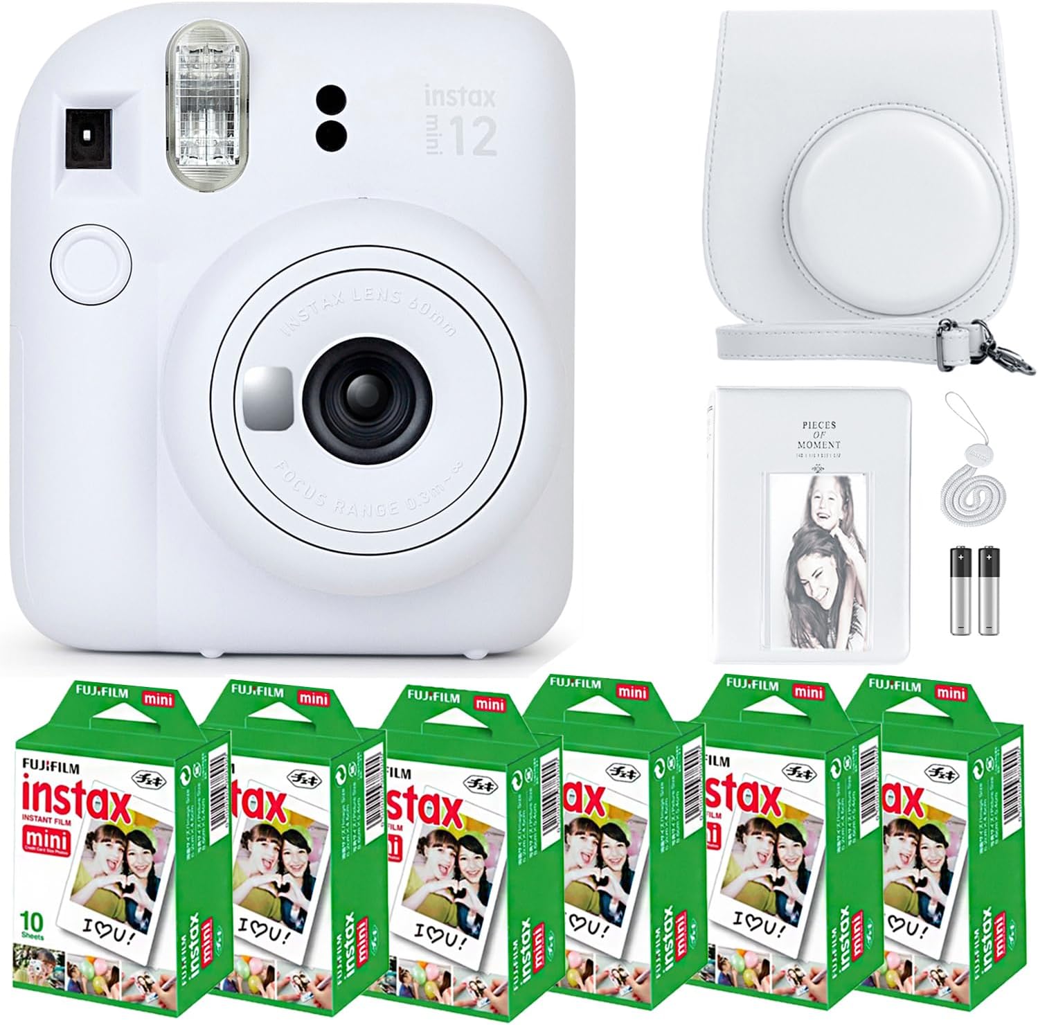 Instax Mini 12 Instant Camera Clay White & 60 Fuji Film Sheets | Bundle with Sturdy Tiger Accessories, Carrying Case