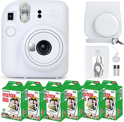 Instax Mini 12 Instant Camera Clay White & 60 Fuji Film Sheets | Bundle with Sturdy Tiger Accessories, Carrying Case
