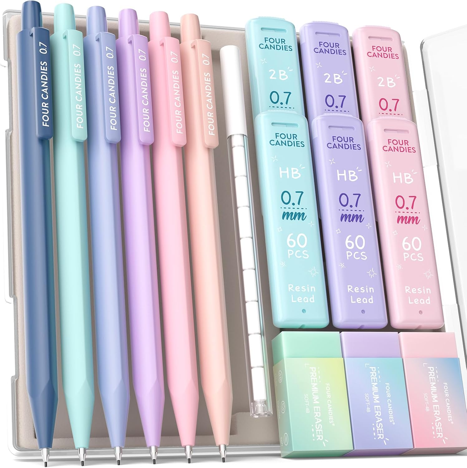 Cute Mechanical Pencil Set, 0.7mm Medium Point, 6-Count Pack | 360 HB/2B Leads, 3 Erasers, 9 Eraser Refills, Storage