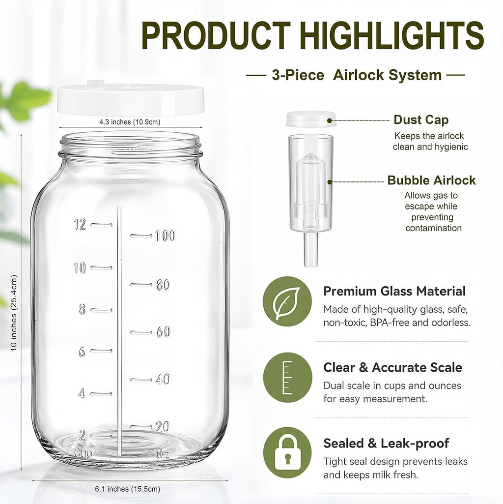 1 Gallon Large Glass Fermentation Jars with Airlock for Kombucha, Pickles | Wide Mouth Mead Making Kit, Canning Jars