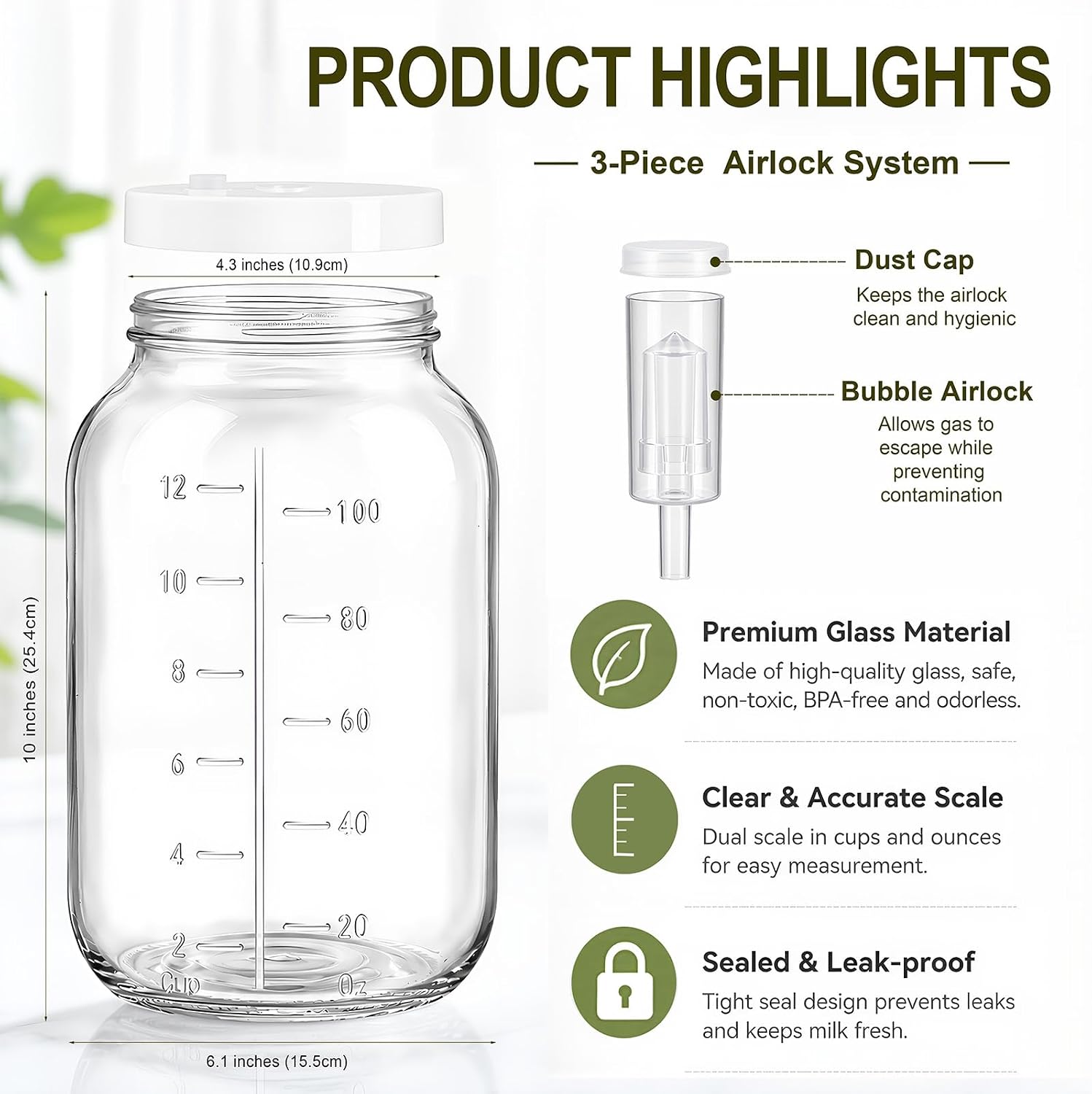 1 Gallon Large Glass Fermentation Jars with Airlock for Kombucha, Pickles | Wide Mouth Mead Making Kit, Canning Jars