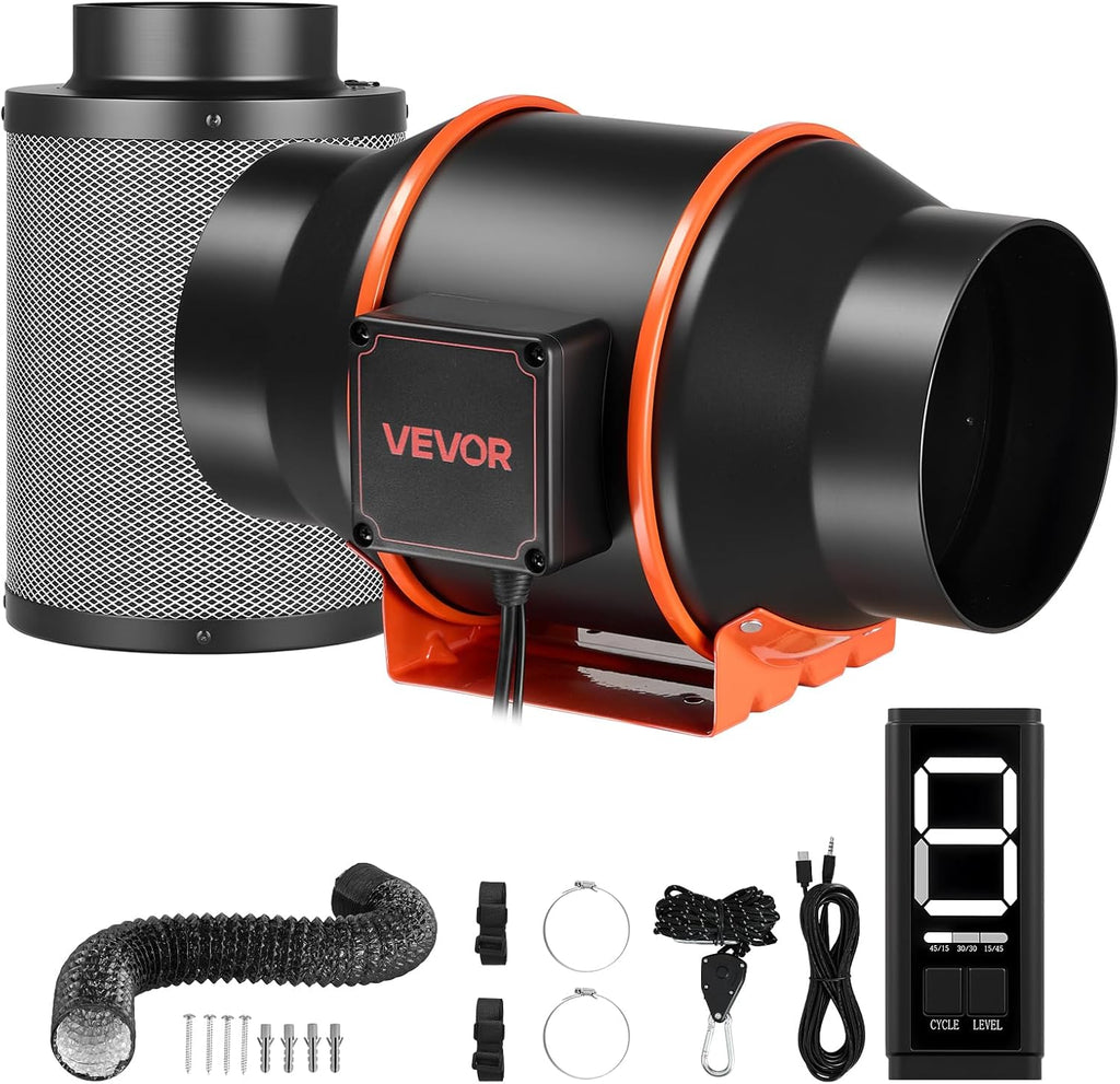 Inline Duct Fan Kit with Carbon Filter, 402 CFM 6 inch EC Motor Ventilation Fan with 3-Speed Circulation, 10-Speed