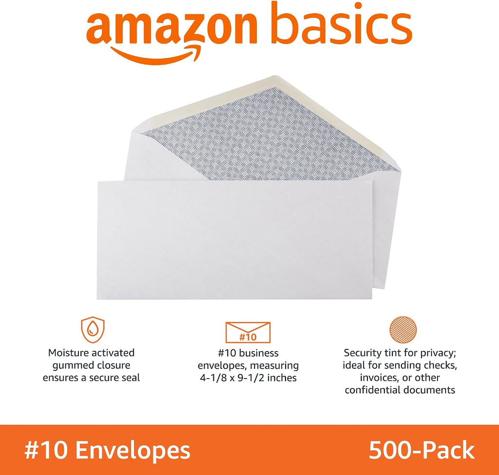 #10 Security Tinted Business Envelopes for Documents and Invoices, Quality Seal, 4-1/8" x 9-1/2", White, Pack of 500