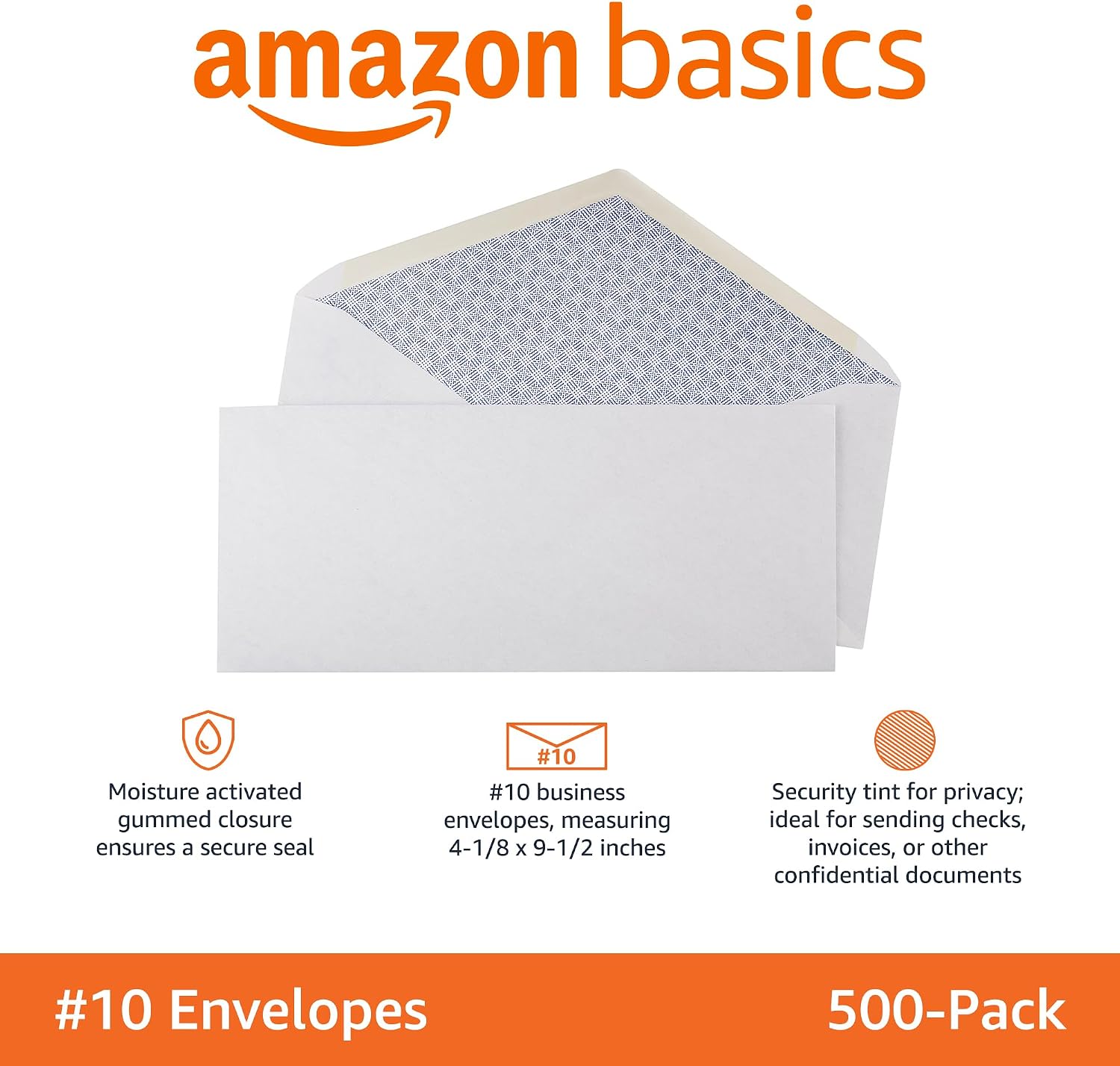 #10 Security Tinted Business Envelopes for Documents and Invoices, Quality Seal, 4-1/8" x 9-1/2", White, Pack of 500