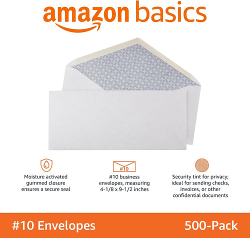 #10 Security Tinted Business Envelopes for Documents and Invoices, Quality Seal, 4-1/8" x 9-1/2", White, Pack of 500