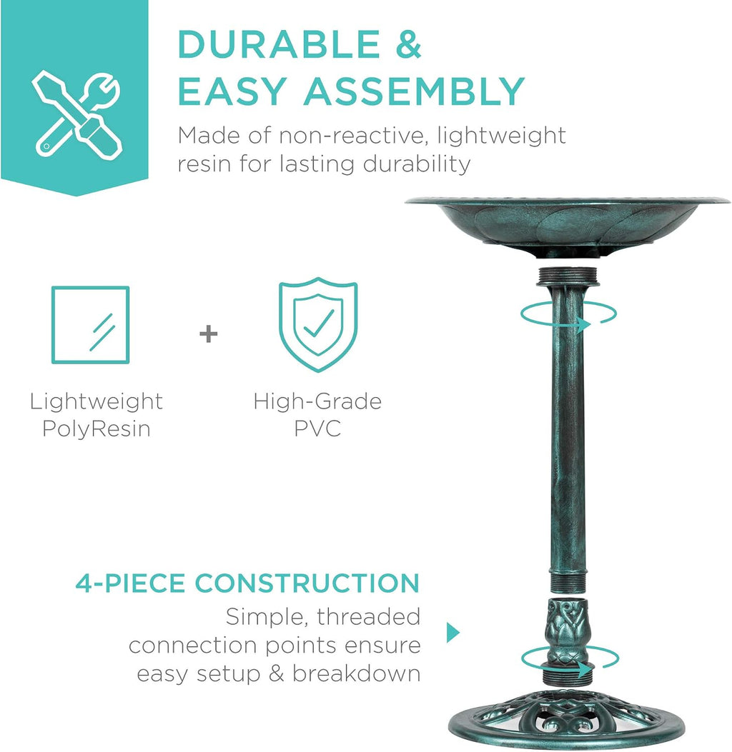 Bird Bath, 28in Outdoor Resin Pedestal - Green