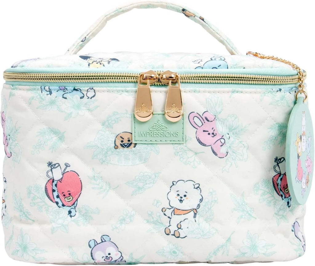 Impressions Vanity BT21 Quilted Train Case with Removable Mirror Keychain, Slip Pocket Makeup Bag Organizer with Top