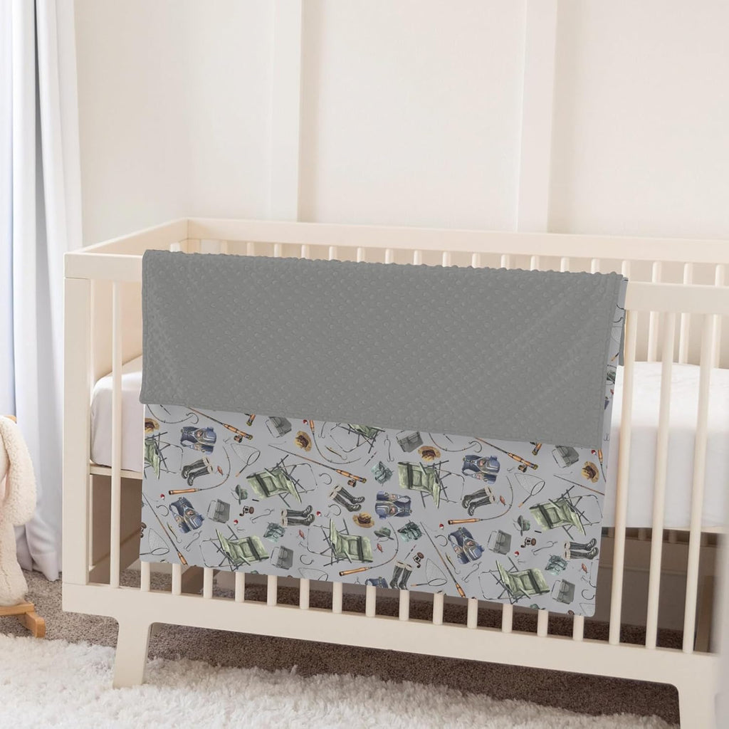 Retro Gray Fishing Gear Baby Blankets for Girl Boy Trout Fishes Soft Mink Dotted Backing Double Layer Swaddle