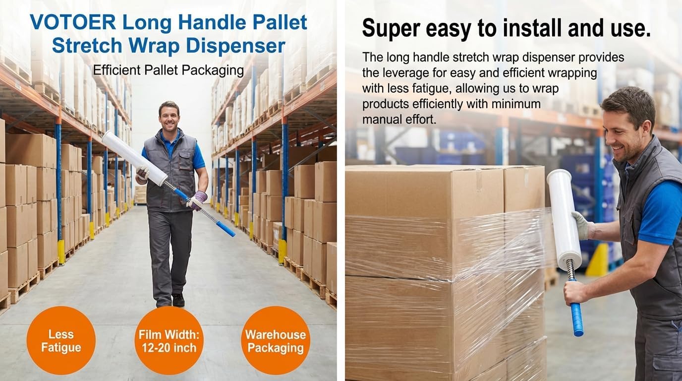 Long Handle Pallet Stretch Wrap Dispenser, Stretch Film Packing Machine Shrink Wrap Dispenser Holder, for Film Width