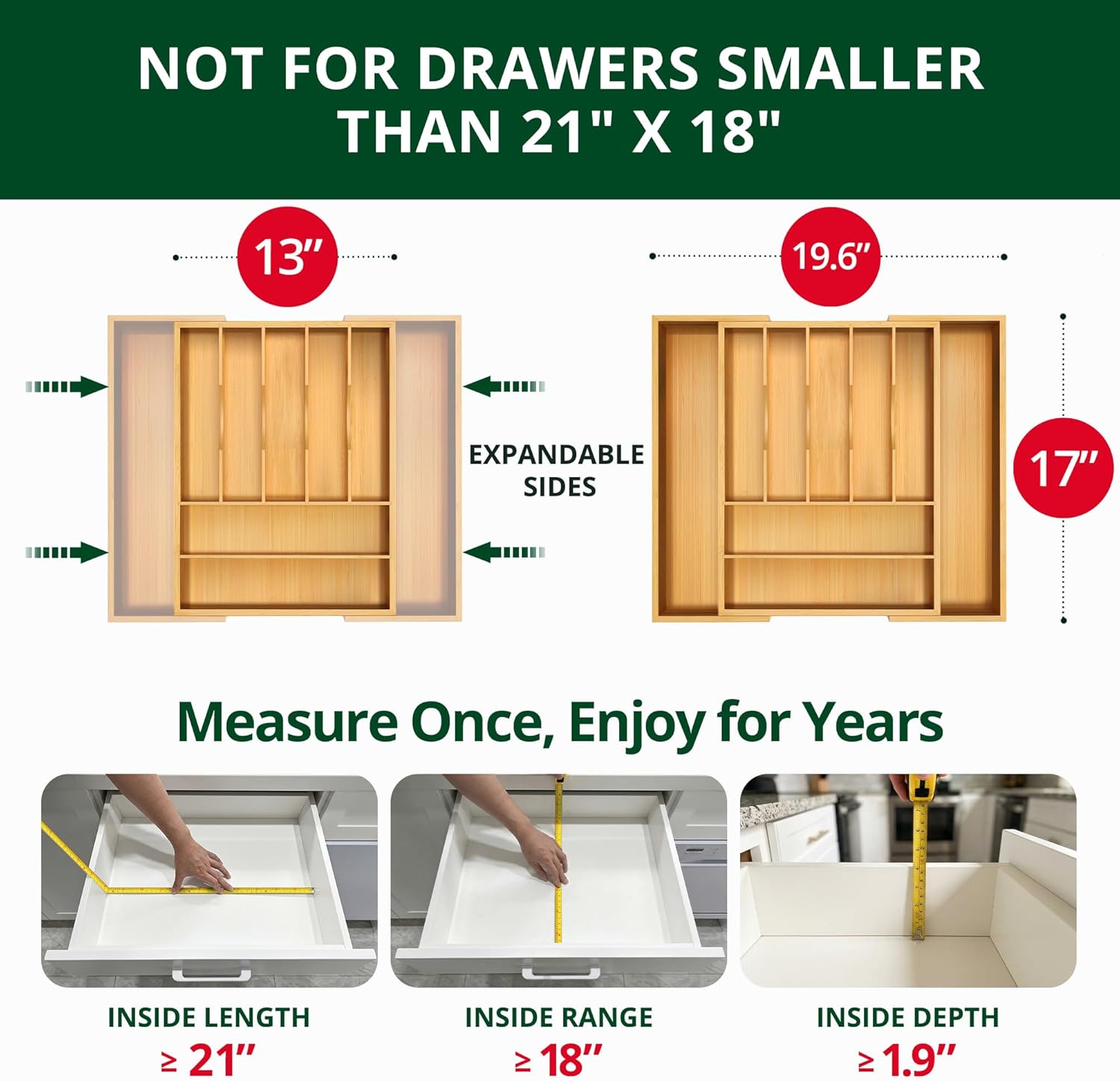 Luxury Bamboo Kitchen Drawer Organizer - Silverware Organizer, Utensil Holder & Cutlery Tray Drawer Dividers for