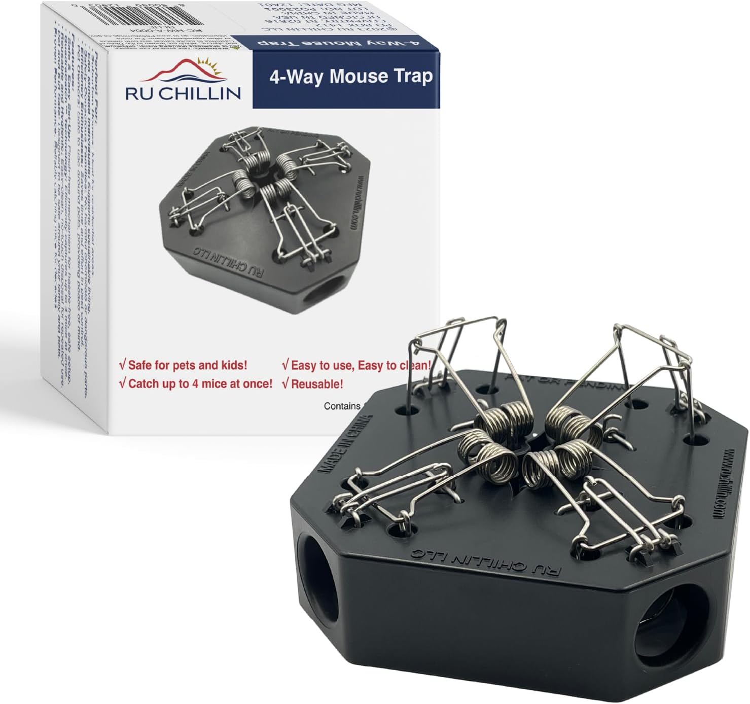 Reusable Multi-Catch Mouse Trap, Indoor/Outdoor - Black | 4-in-1 reusable snap design catches up to 4 mice without