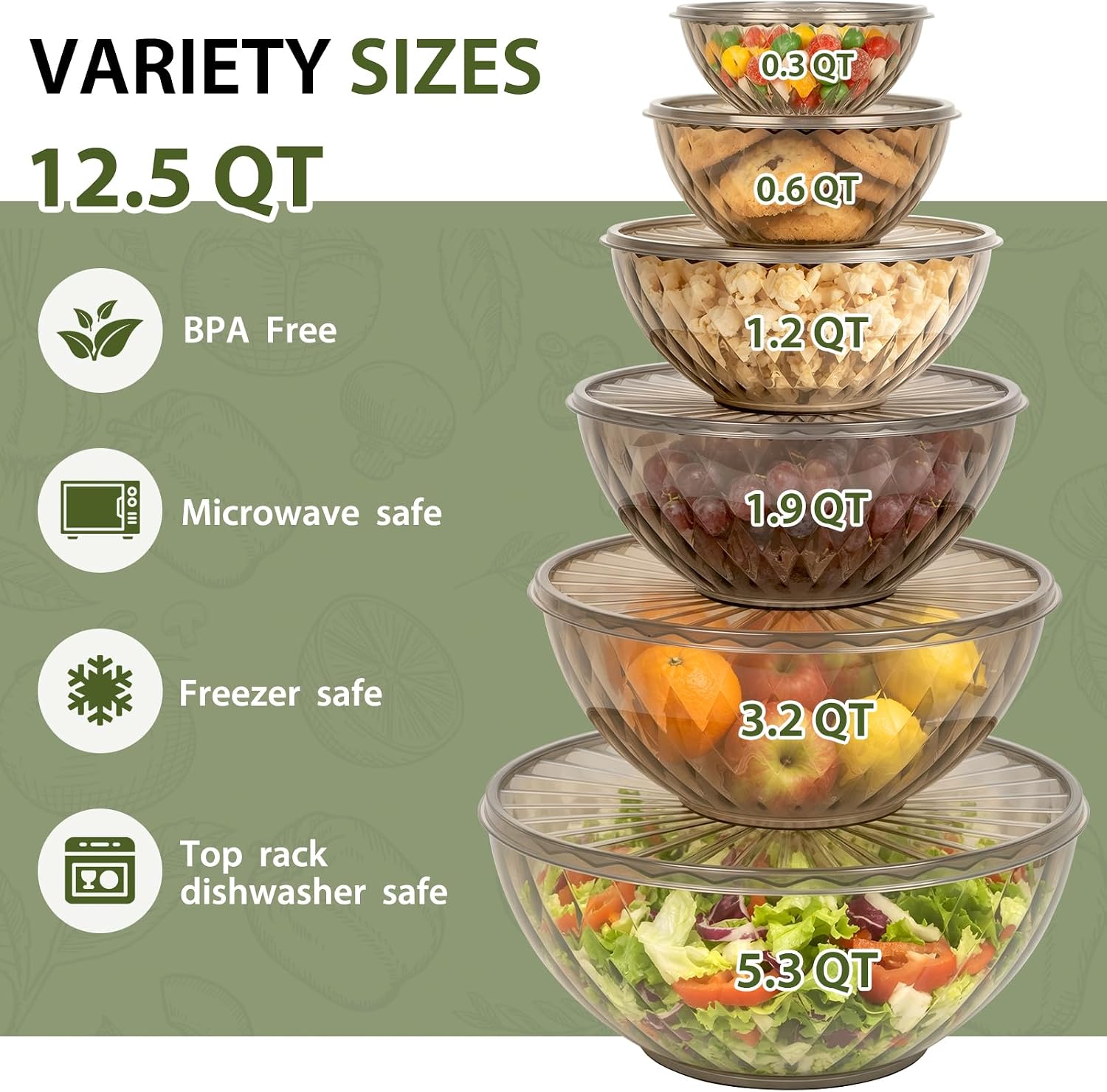 Plastic Mixing Bowls with Lids - 6 Piece Nesting Bowls Set with One-Press Easy-Cover Lids, Large Salad Bowl for