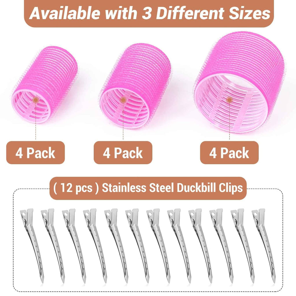 Self Grip Hair Rollers Curlers Set - 24 Pieces with 3 Sizes (4 Jumbo, 4 Large, 4 Medium) and 12 Clips for Volume on
