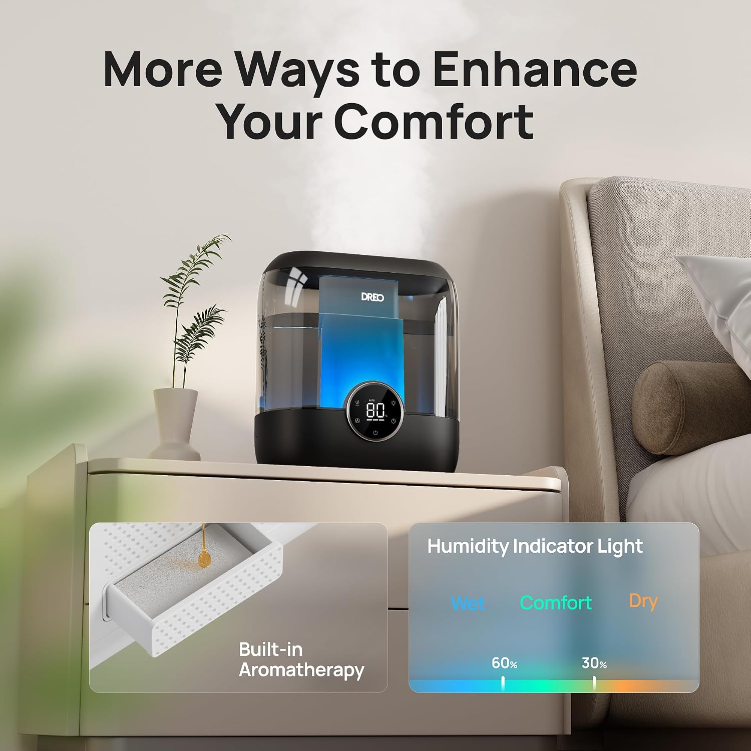 6L Humidifiers for Bedroom, 60H Runtime, 28 dB Quiet, HM524, Black