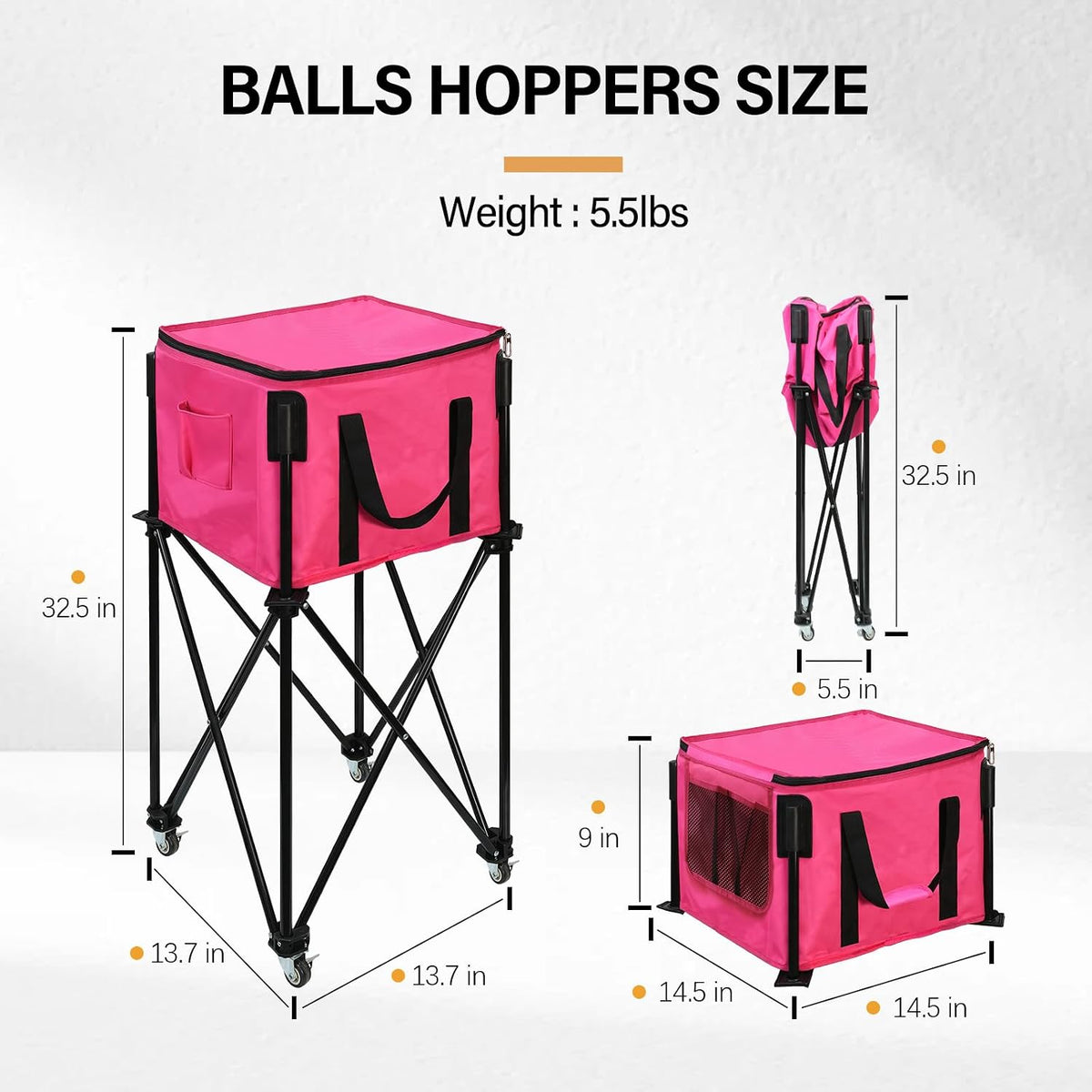 Tennis Ball Hopper,Foldable Lightweight Tennis Cart Holds 200/120 Balls with Wheels & Removable Bag,Easy to Use