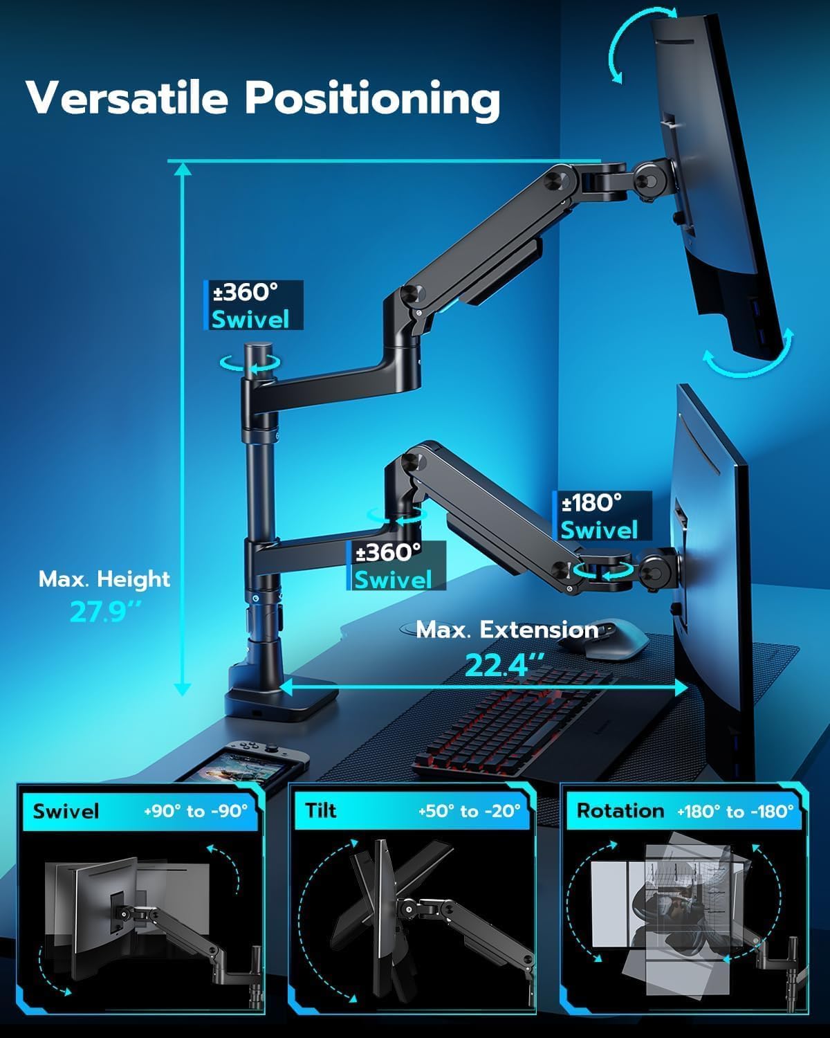 Stack Dual Ultrawide Monitor Mount with USB A/C for 17 to 49 Inch | Pro Gas Spring, Aluminum Material, Flexible