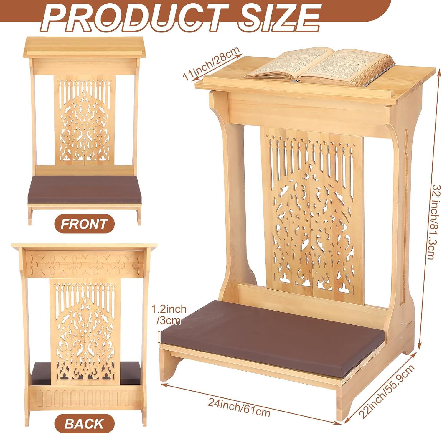 Tree of Life Church Prayer Bench Stool Wooden Padded Kneeler with Shelf and Cushion Prayer Kneeler for Home Church