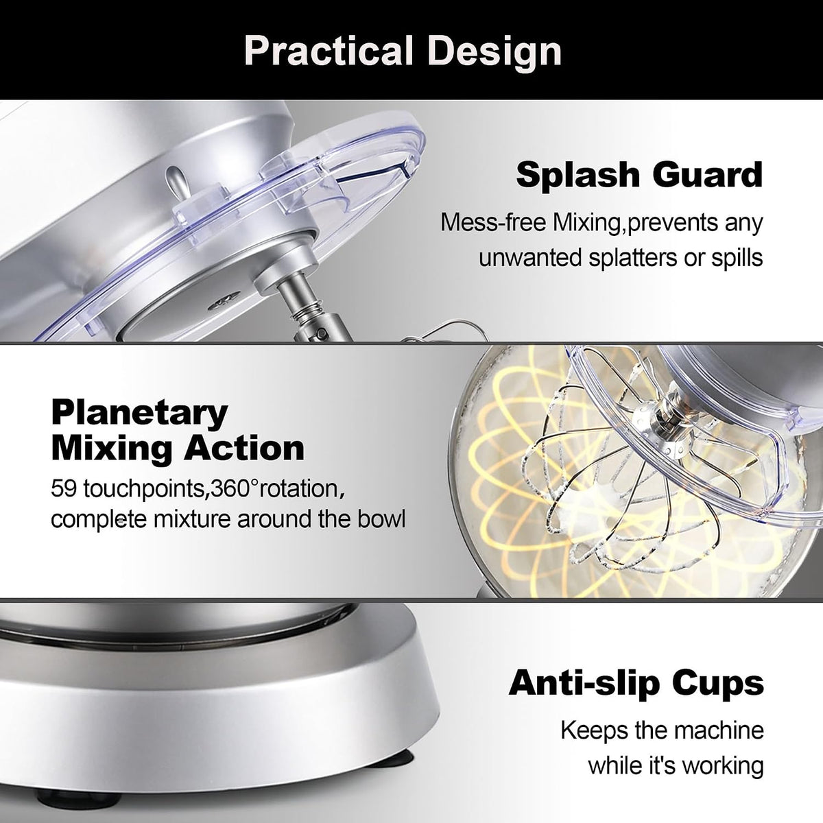 Stand Mixer 8.5 QT, 900 Watt Heavy Dough Mixer Silver